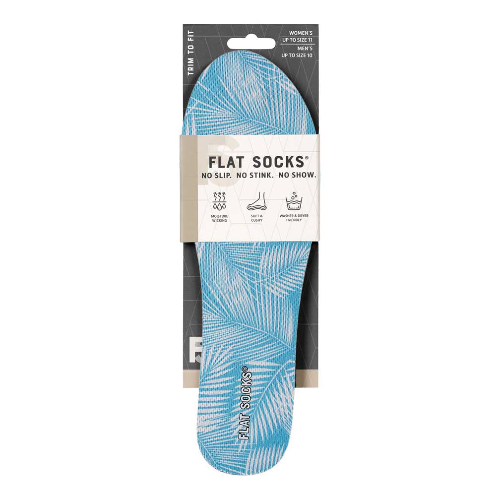 A package of FLAT SOCKS PALM WATERS - WOMENS in blue and white design, labeled &quot;no slip. no stink. no show,&quot; with sock features including odor control tech and size information displayed.