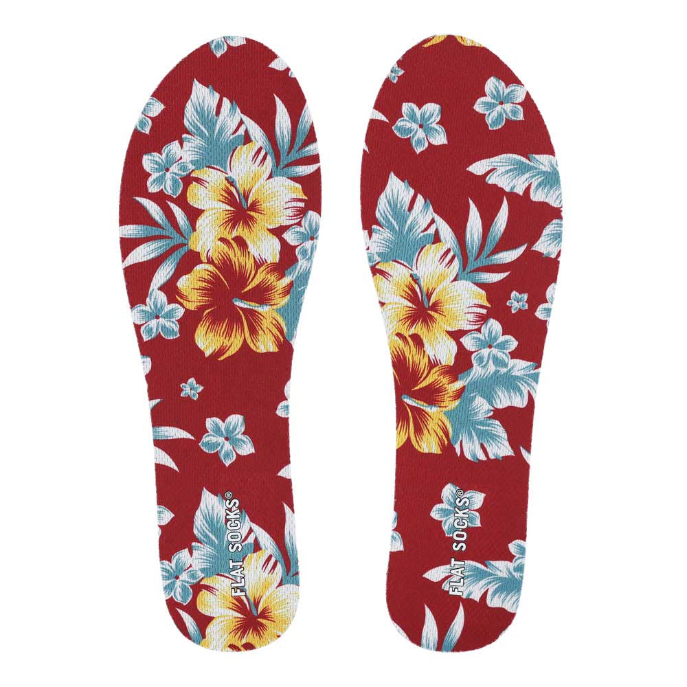 A pair of red insoles with a vibrant floral pattern featuring yellow and blue flowers and green leaves, labeled with the text &quot;FLAT SOCKS BAHAMA MAMA&quot; on the heel area.