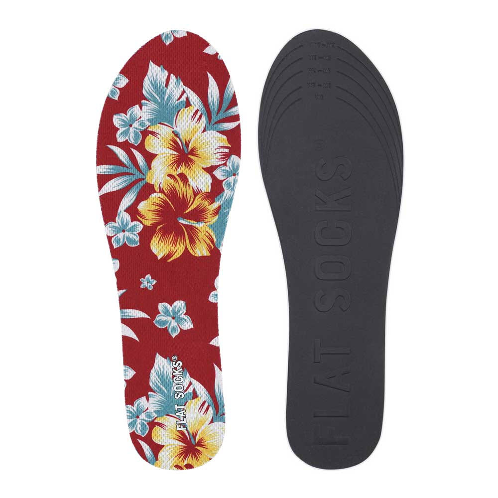 A pair of FLAT SOCKS BAHAMA MAMA with one featuring a floral pattern in red and the other in solid black, both displaying the FLAT SOCKS logo.