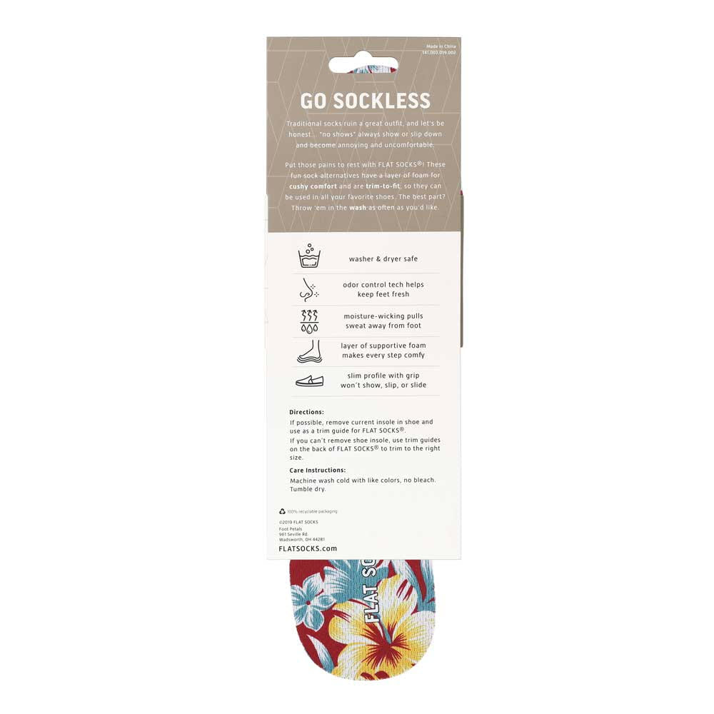 A colorful, floral-patterned FLAT SOCKS BAHAMA MAMA displayed on a retail card labeled &quot;go sockless&quot; with icons indicating water-resistance and odor-control features.