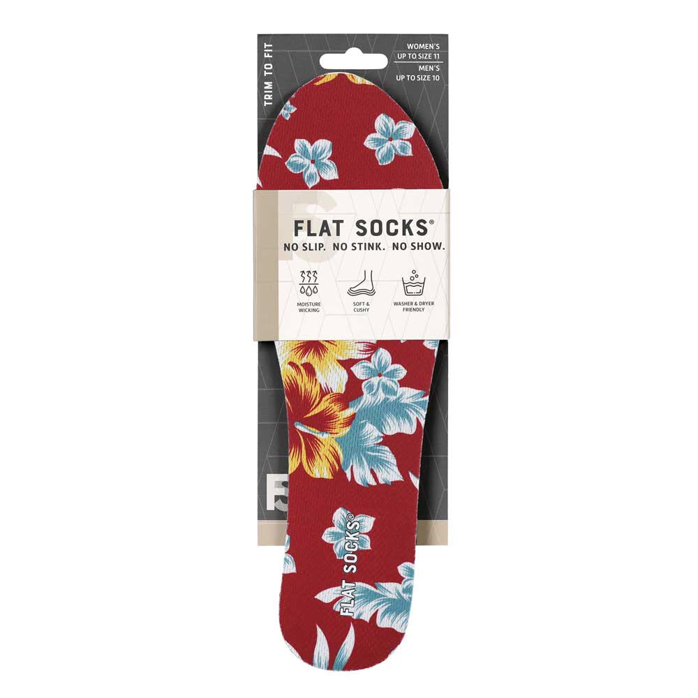 A pair of FLAT SOCKS BAHAMA MAMA - WOMENS with a tropical floral pattern on display, packaged in a cardboard sleeve labeled &quot;no slip, no stink, no show.&quot; The price is listed as
