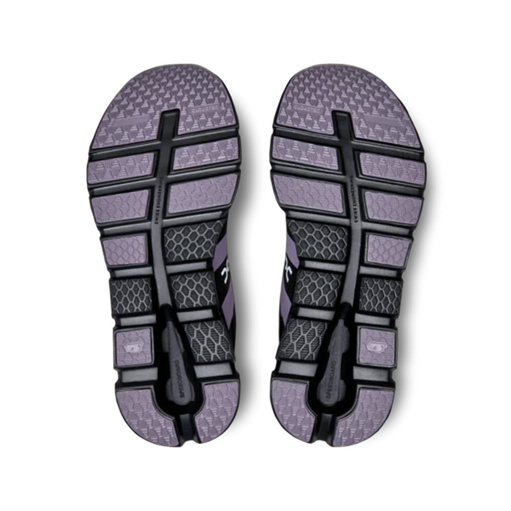 A pair of purple and black ON CLOUDRUNNER IRON/BLACK - WOMENS sports sandals with adjustable straps, viewed from their soles against a white background.
