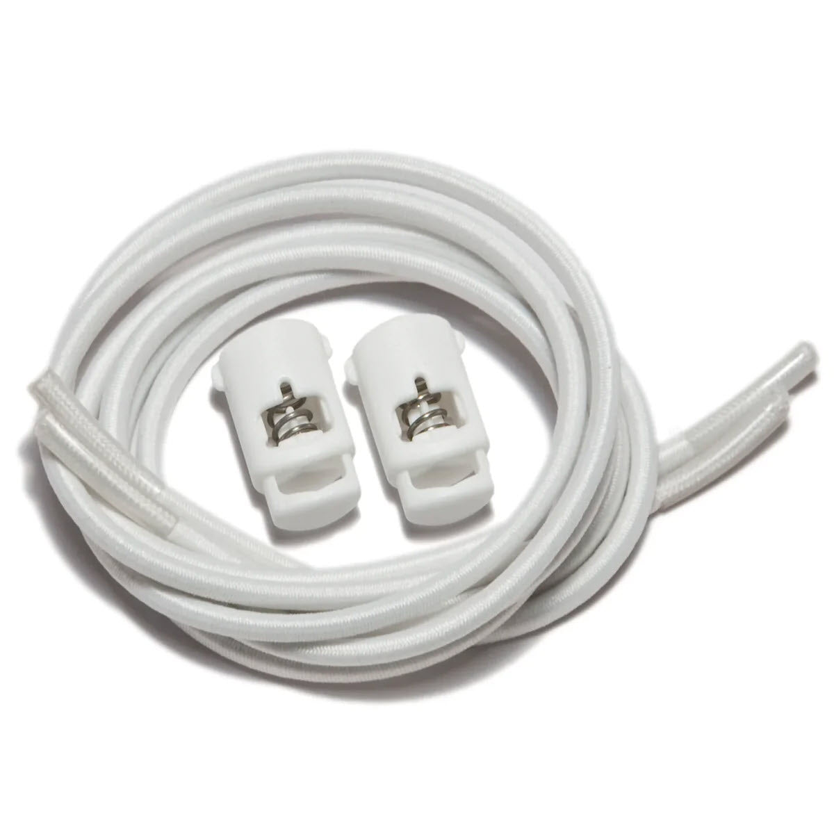 White Speed Laces cord with two metal spring-loaded lace locks, coiled against a plain background.