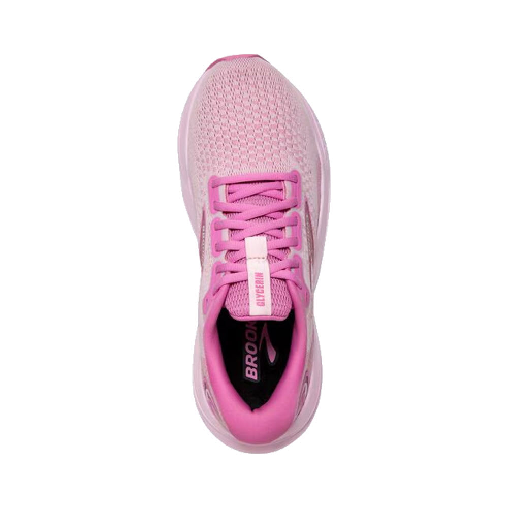 Top view of a single Brooks Glycerin 21 Pink Lady/Fuchsia Pink women&#39;s running shoe with laces, displayed on a white background.