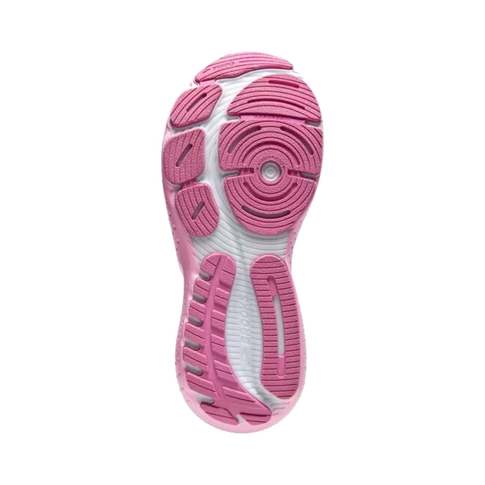 Bottom view of a women&#39;s running shoe sole with various grip patterns and textures, featuring Brooks Glycerin 21 Pink Lady/Fuchsia Pink&#39;s DNA LOFT v3 cushioning.