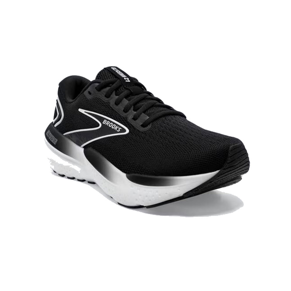 A single black and white Brooks women&#39;s running shoe, viewed from the side, against a plain white background.