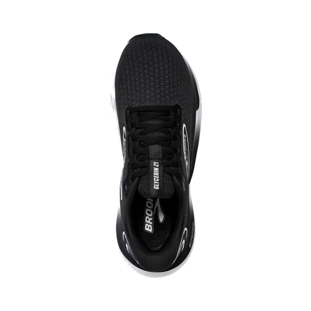 Top view of a black Brooks Glycerin 21 women&#39;s running shoe with laces on a white background.