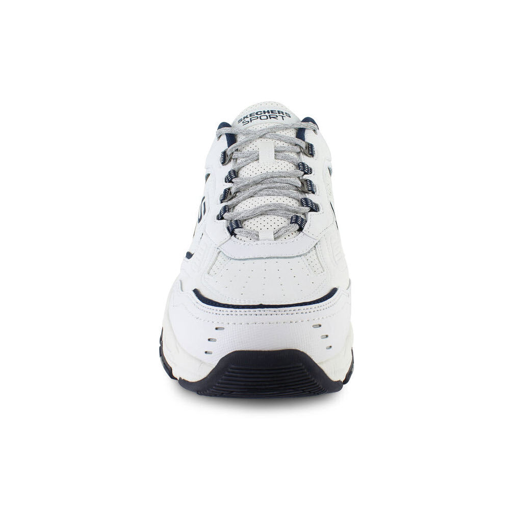 Front view of a Skechers Vigor 3.0 Arbiter White/Navy athletic shoe featuring an Air-Cooled Memory Foam insole on a white background.