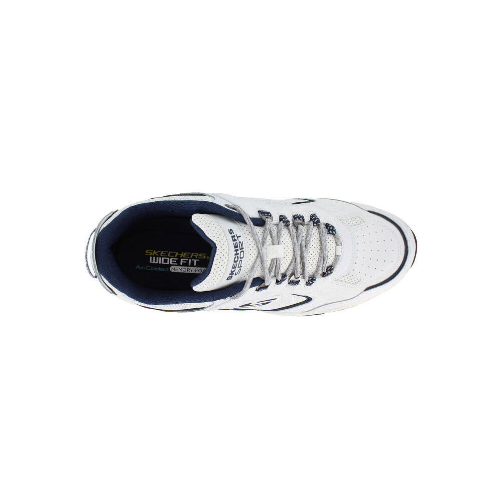 White and navy-blue Skechers Vigor 3.0 Arbiter athletic shoe with laces, displaying a &quot;wide fit&quot; label.
becomes
White and navy-blue SKECHERS VIGOR 3.0 ARBITER WHITE/NAVY - MENS athletic shoe with laces, displaying a &quot;wide fit&quot; label.