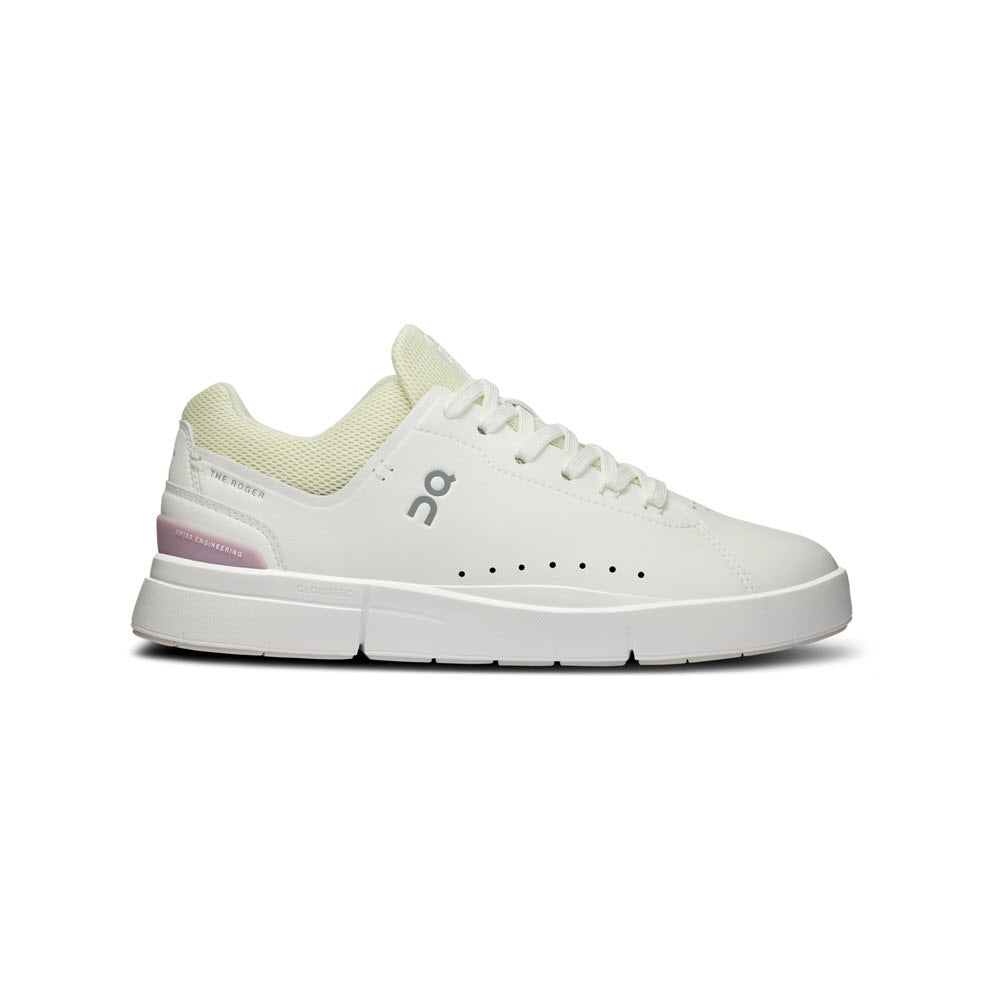 White sneaker with a low top design, featuring pastel purple and green accents on the heel and CloudTec cushioning in the thick sole. 

Product Name: On The Roger Advantage White/Mauve - Womens
Brand Name: On Running