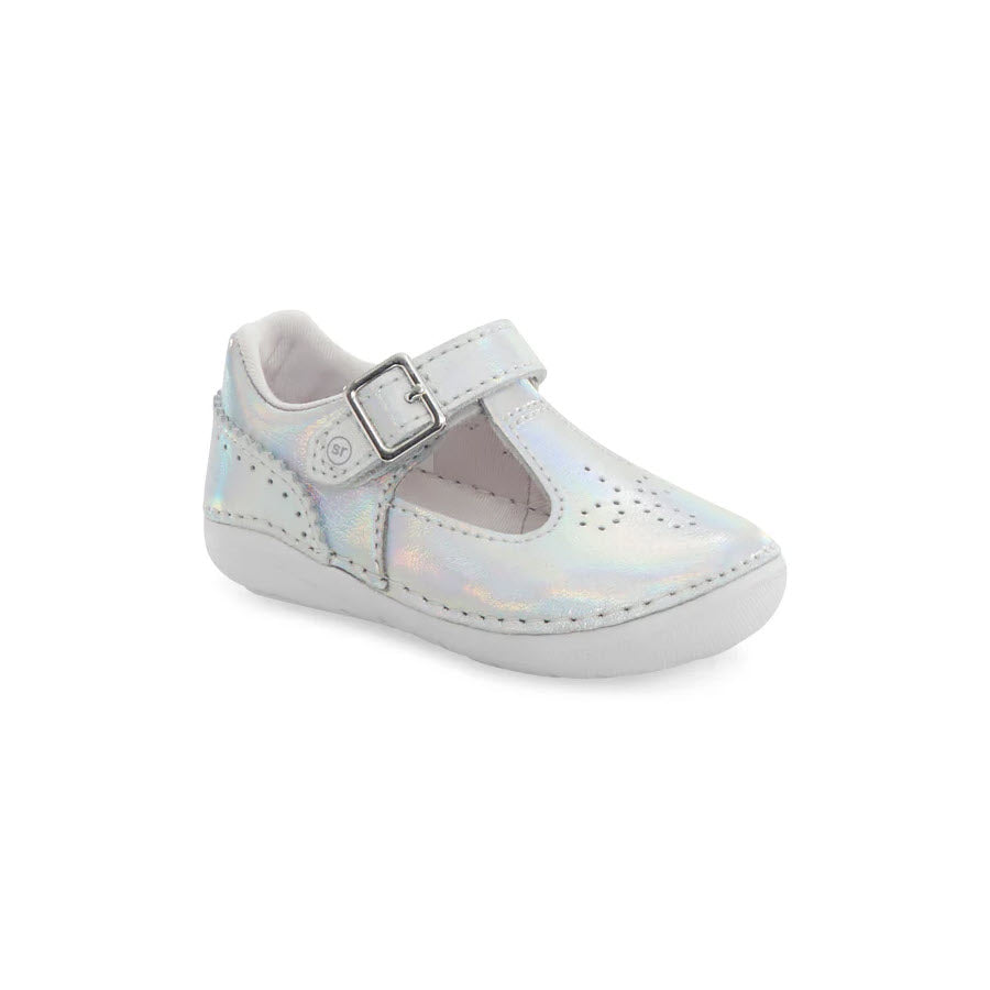A single iridescent toddler Stride Rite SM Lucianne shoe with a hook and loop closure and white sole, displayed against a white background.