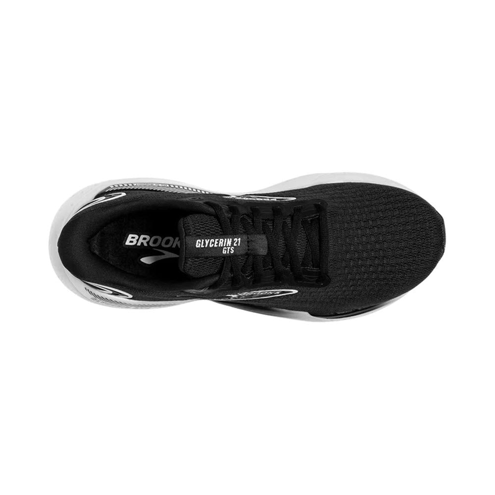 Top view of a black Brooks Glycerin GTS 21 women&#39;s running shoe showcasing the laces and brand label on the tongue.
