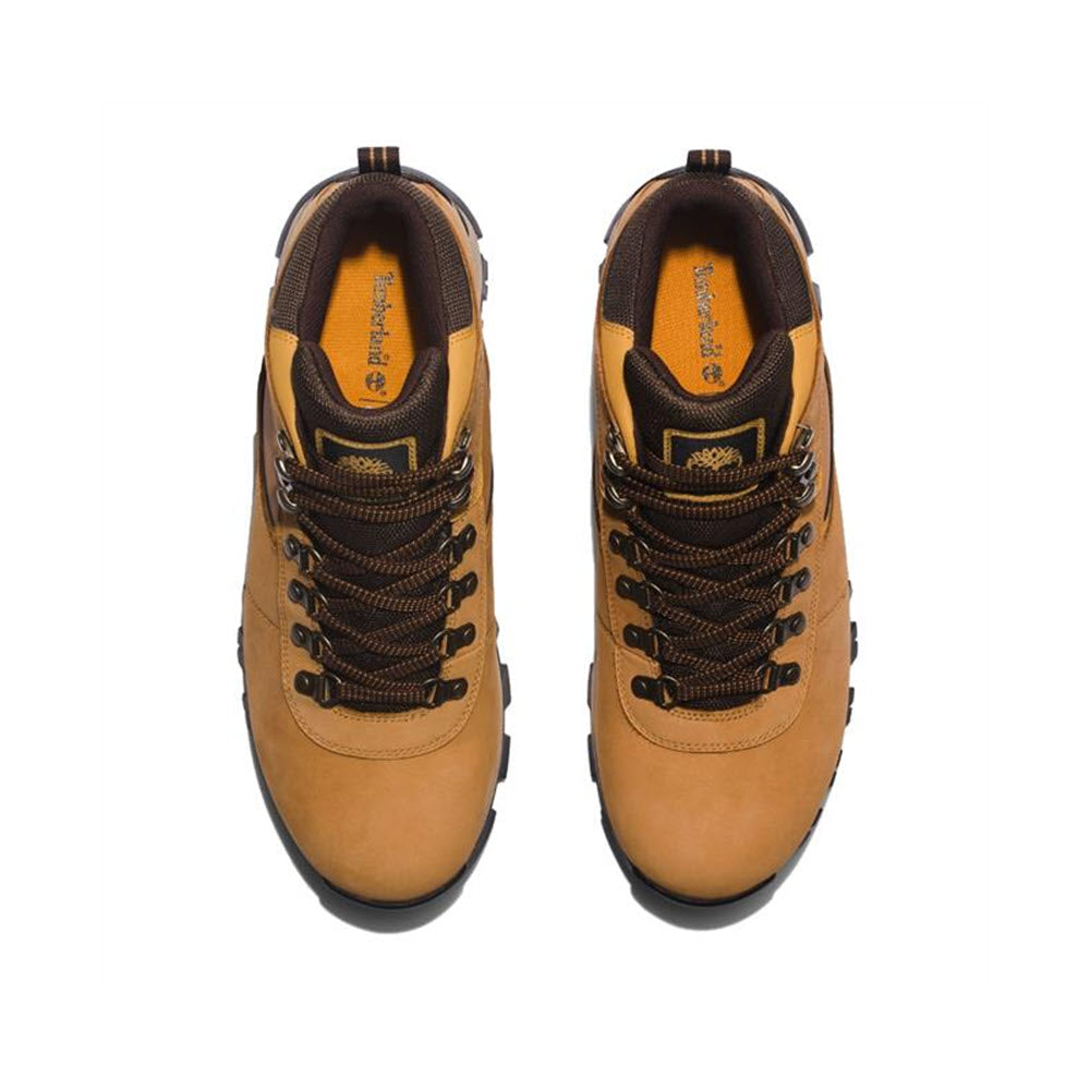 A pair of brown Timberland Mt. Maddsen Mid Leather Waterproof Wheat - Mens hiking boots with black laces, viewed from above on a white background.