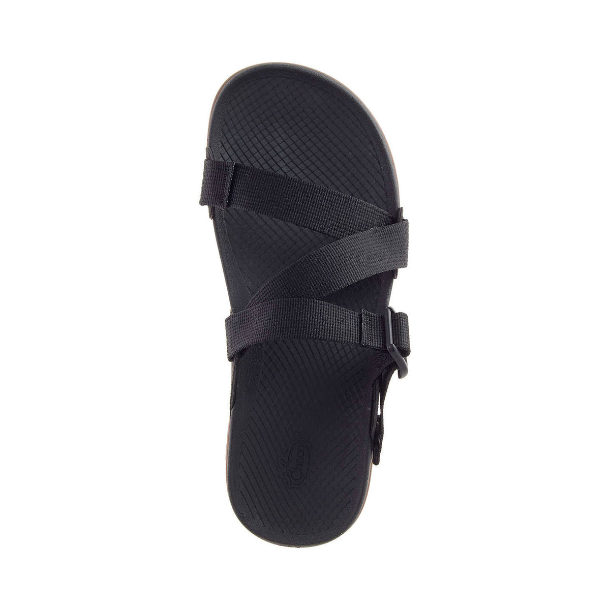 Top view of a Chaco Lowdown Slide Woven Black sandal with two crisscross straps on a white background.