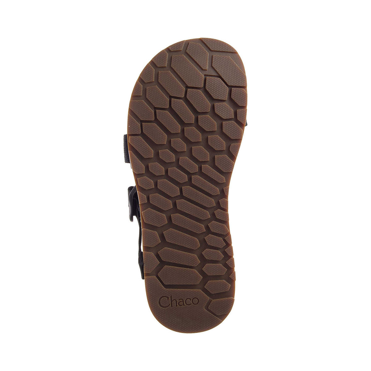 Bottom view of a Chaco Lowdown Slide Woven Black - Mens showing its brown hexagon-patterned sole.