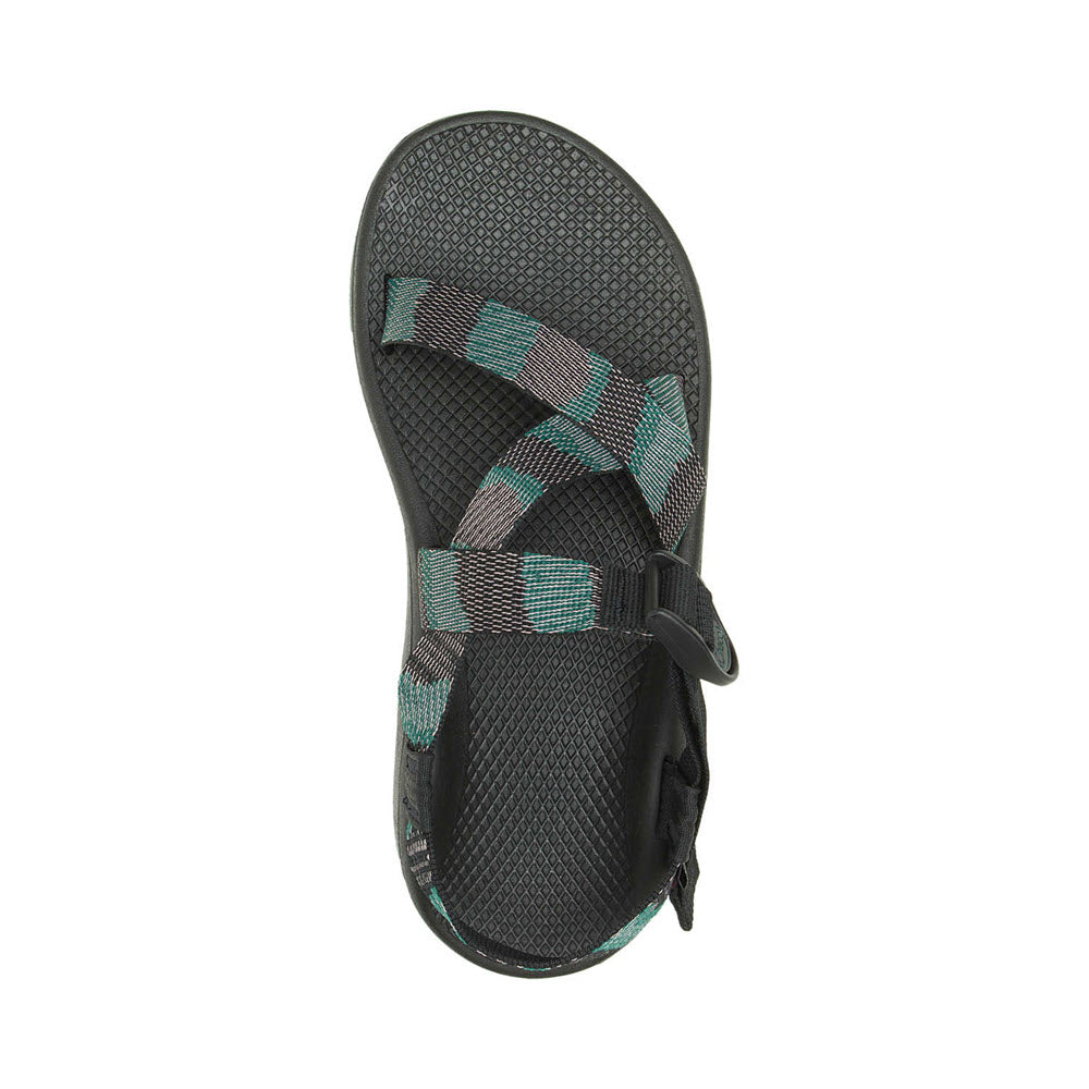 Top view of a single black and teal Chaco Z Cloud sandal with an adjustable strap design.