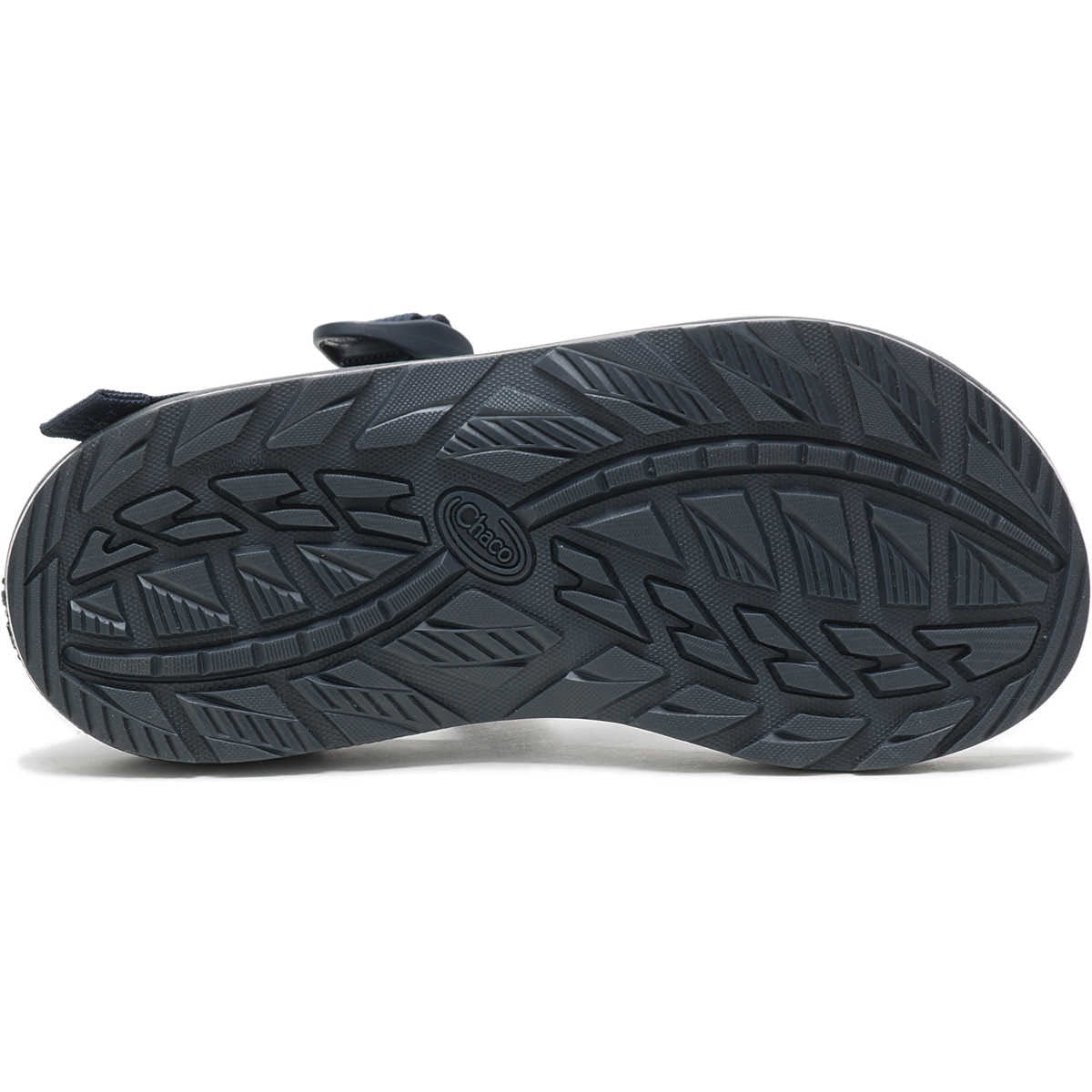 Bottom view of a black Chaco Z Cloud sandal showcasing its detailed tread pattern and ChacoGrip™ rubber outsole with an embedded brand logo.