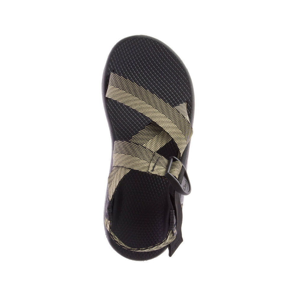 Top view of a single Chaco Mega Z Cloud Sandal Odds Black - Mens hiking sandal with crisscross straps and a buckle closure on a white background.