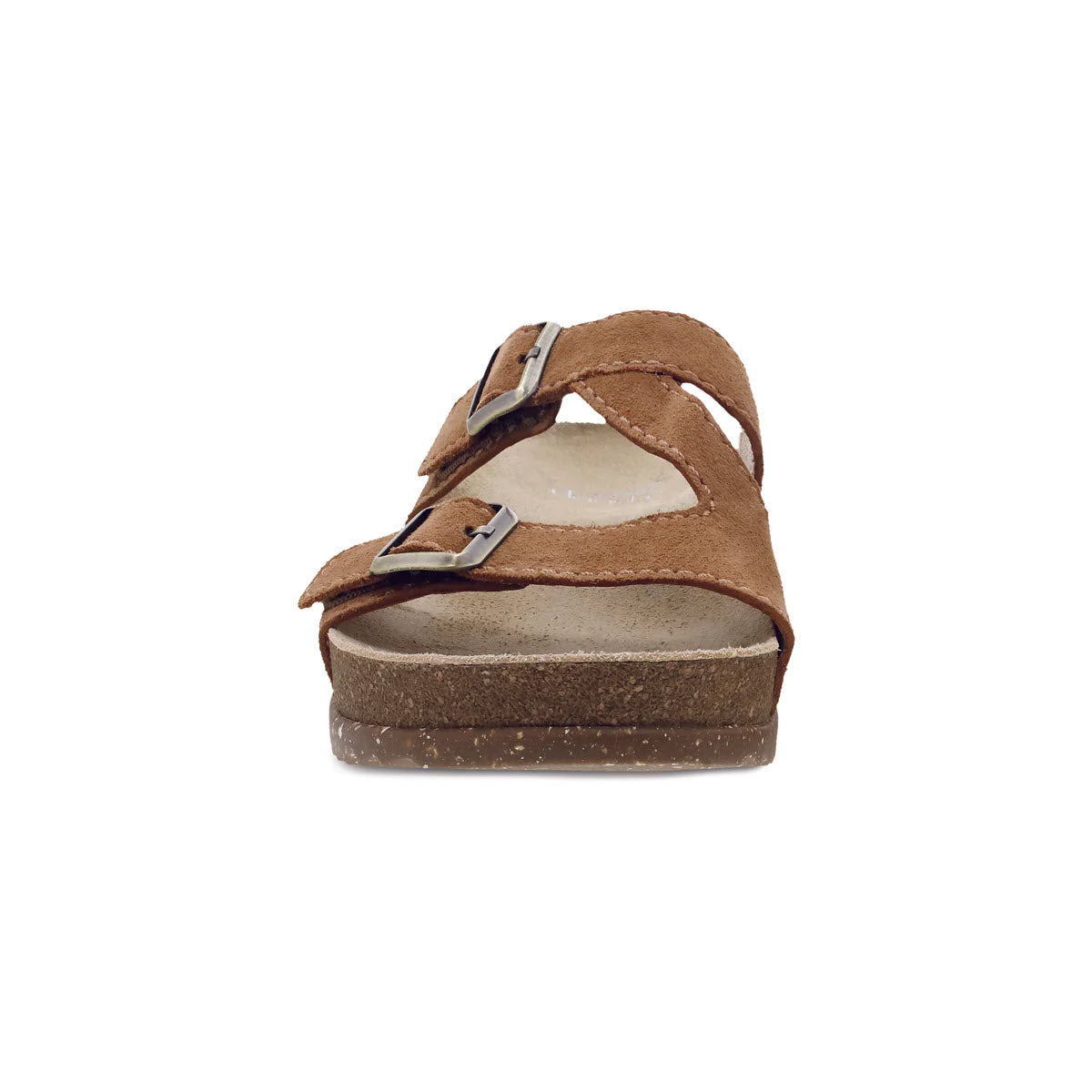 A single brown suede Dansko Dayna sandal with two straps and buckle closures, displayed against a white background.