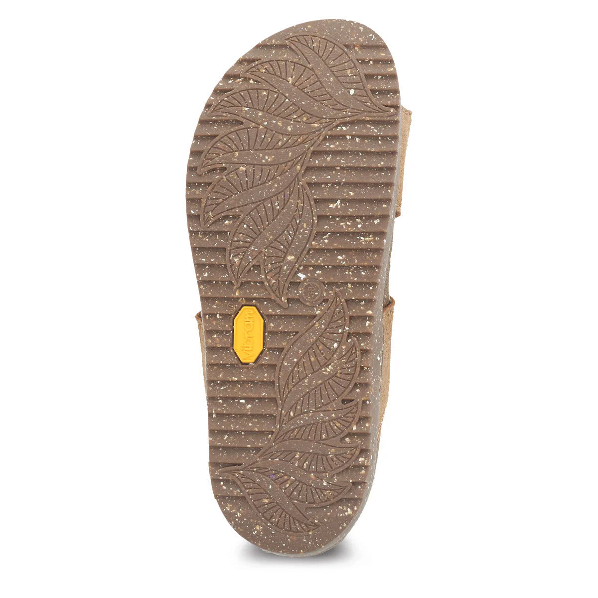 Sole of a brown Dansko Dayna tan shoe featuring a detailed leaf pattern with textured treads and a small yellow Vibram Ecostep EVO rubber outsole logo.