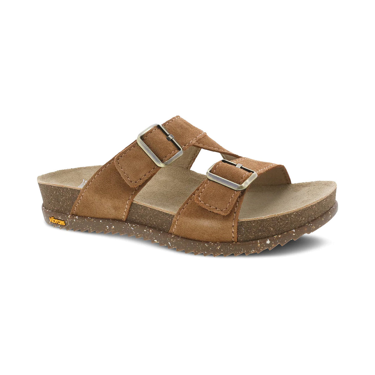A single brown leather Dansko Dayna sandal with two adjustable straps and a Vibram Ecostep EVO rubber outsole, isolated on a white background.