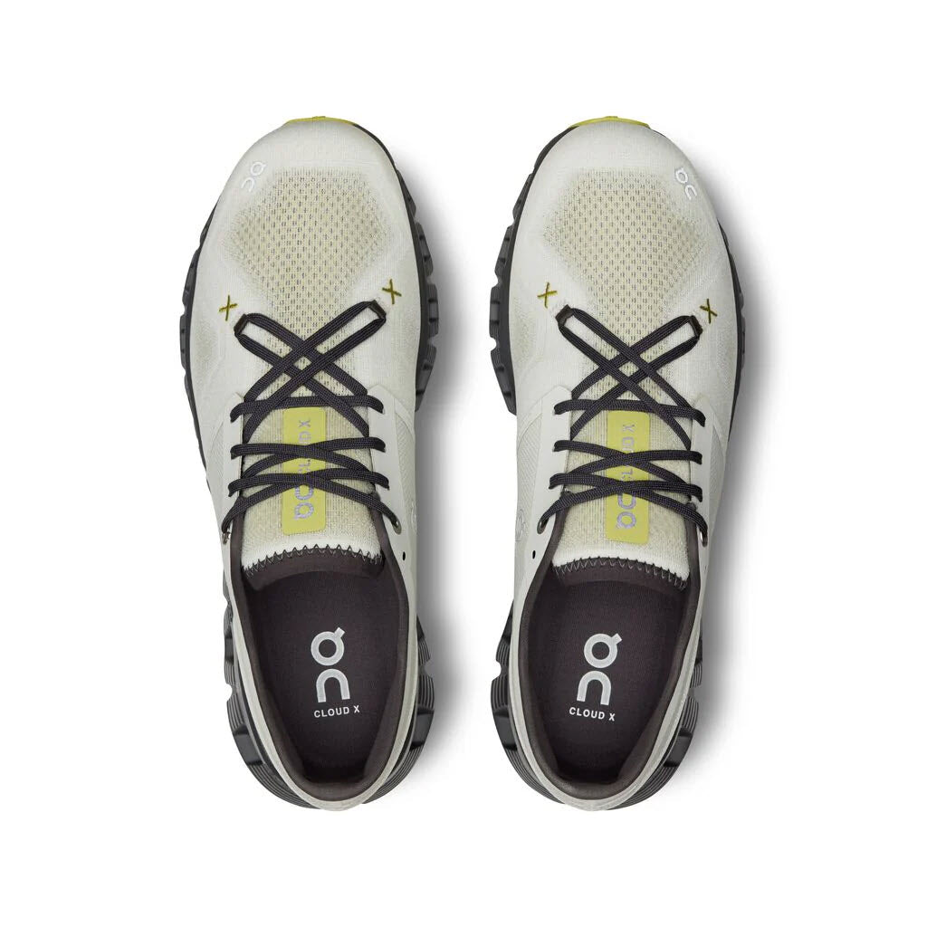 A pair of On Running ON CLOUD X 3 ICE/ECLIPSE - MEN&#39;S shoes featuring CloudTec® cushioning, with yellow and gray accents, viewed from above to display a symmetrical top view of both shoes.