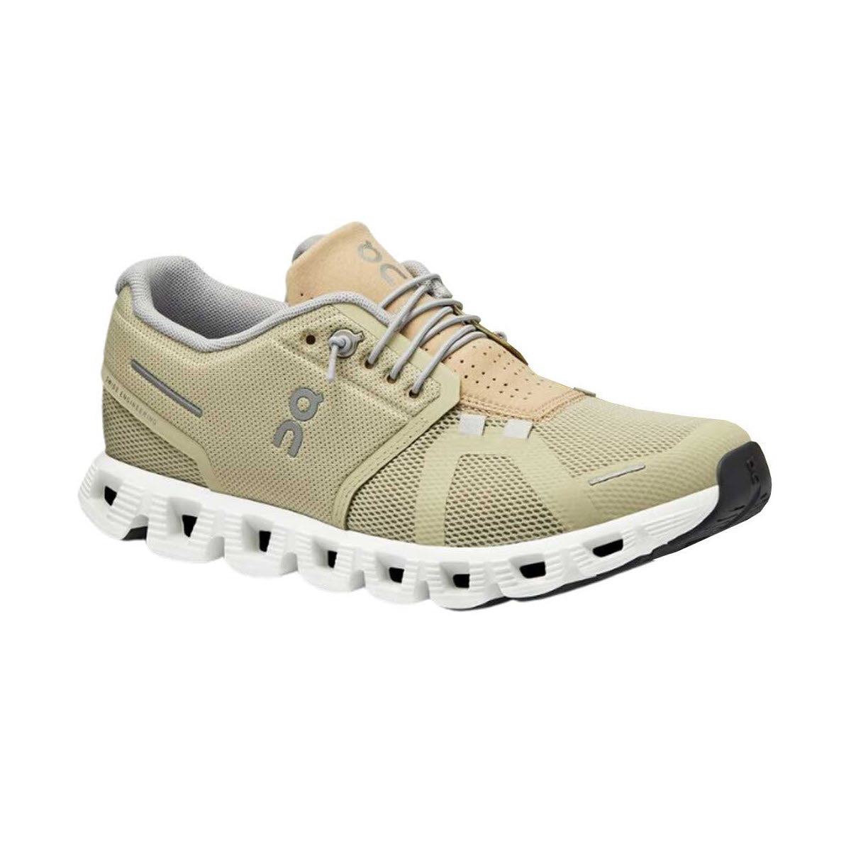 A single beige ON CLOUD 5 HAZE/SAND - WOMENS athletic shoe with mesh panels and an improved fit, featuring a white sole, isolated on a white background.