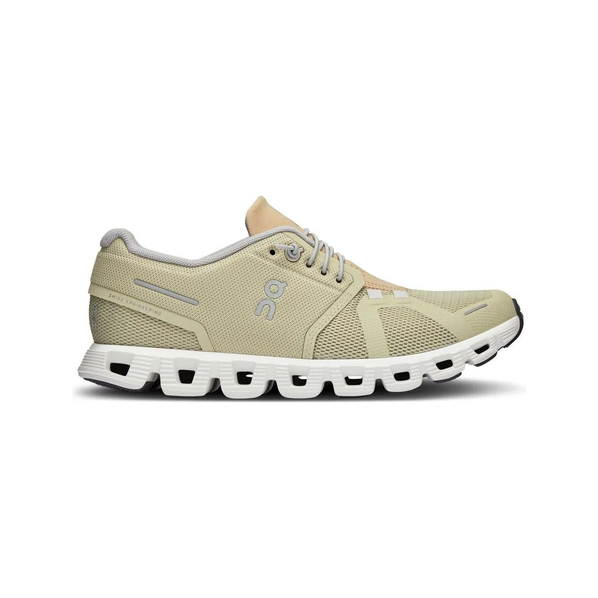 A single ON CLOUD 5 HAZE/SAND - WOMENS athletic shoe with a white sole and laces, designed for improved fit, displayed on a white background.