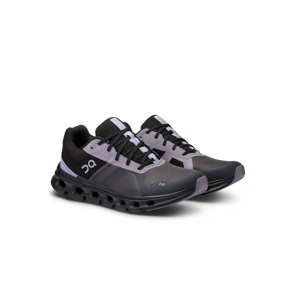 A pair of black and purple ON CLOUDRUNNER IRON/BLACK running shoes by On Running on a white background.
