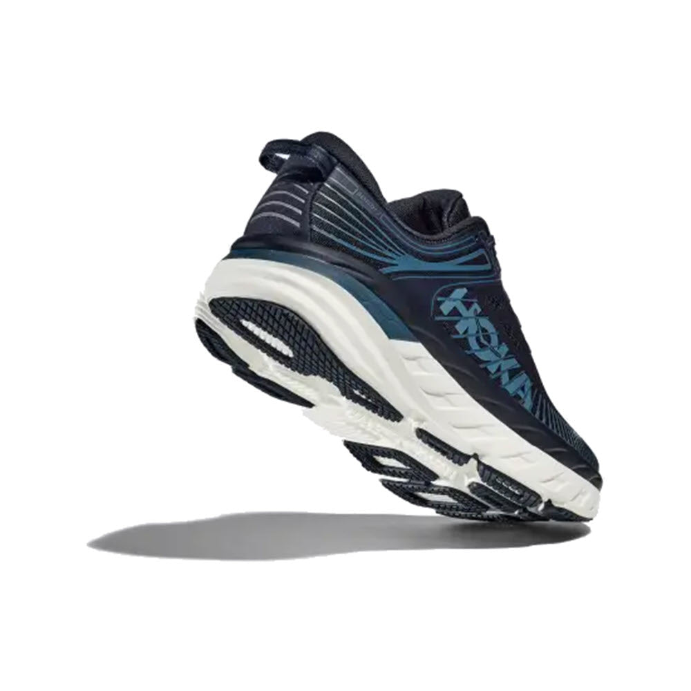 A single dark blue HOKA Bondi 7 Outerspace/White sneaker with patterned details and a white sole, displayed against a white background.