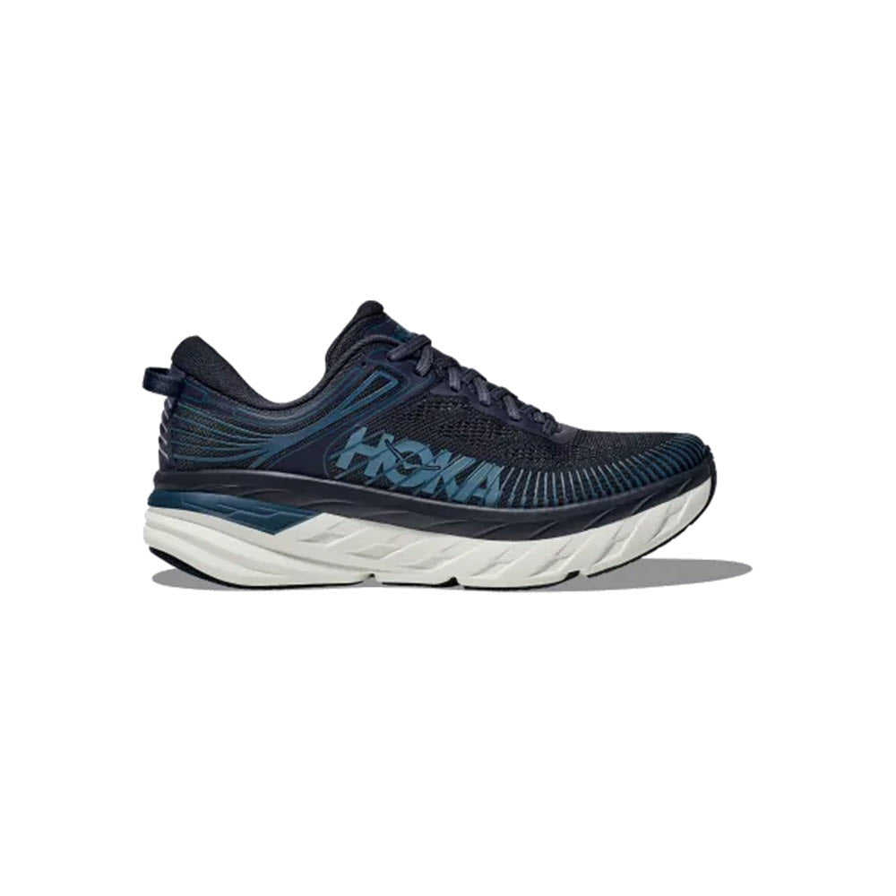 A single dark blue HOKA Bondi 7 OUTERSPACE/WHITE - MENS running shoe with a white sole, displaying a prominent logo on the side.