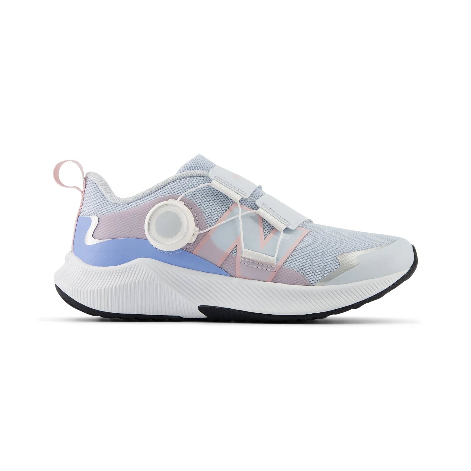The New Balance Reveal V4 Boa Preschool Kids shoe in Ice Blue/Rose features a mesh upper, Velcro strap, BOA Performance Fit System dial closure, black sole, and is shown in a side profile view.