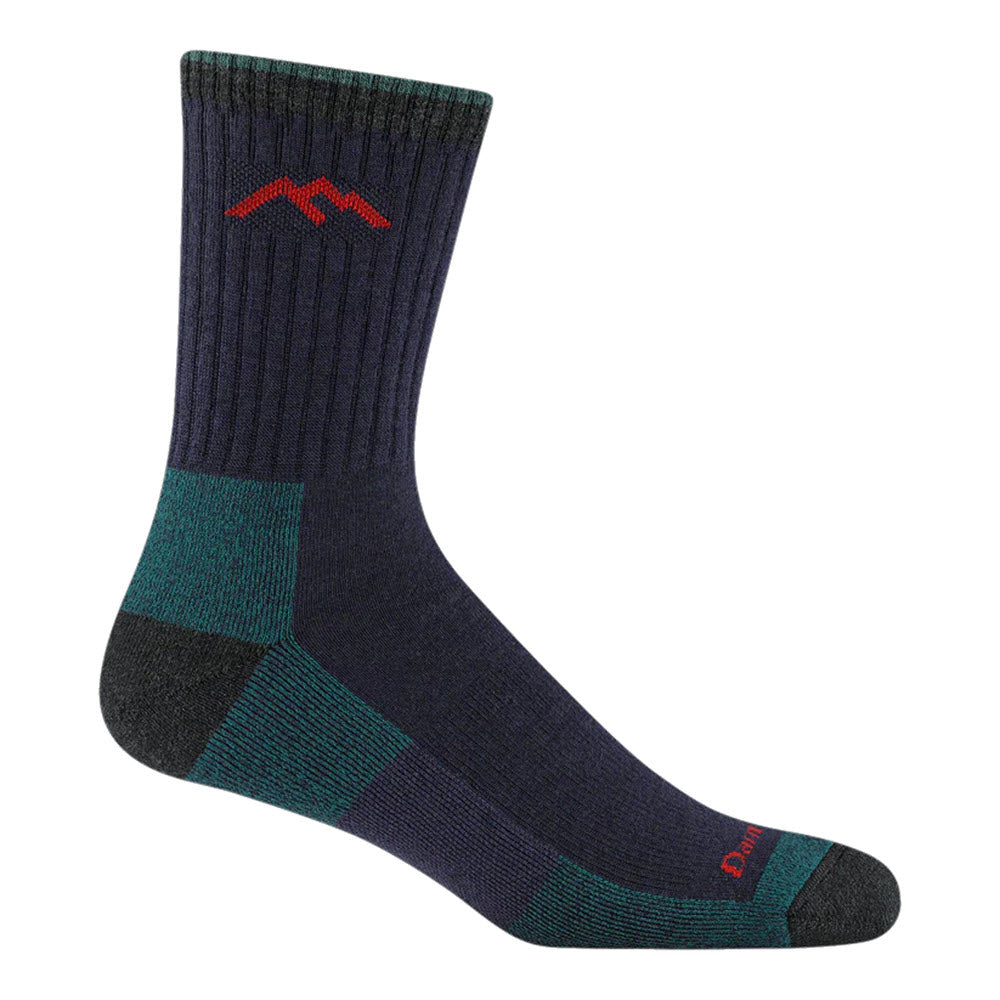 A navy blue and dark green crew sock with ribbed texture, a red mountain logo near the top, and reinforced toe and heel areas.