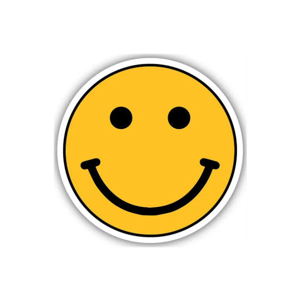 A yellow smiley face with black eyes and a wide smile on a white background serves as a cheerful reminder to keep smiling. This iconic STICKERS NORTHWEST SMILEY FACE from Stickers Northwest is perfect for brightening up any space.