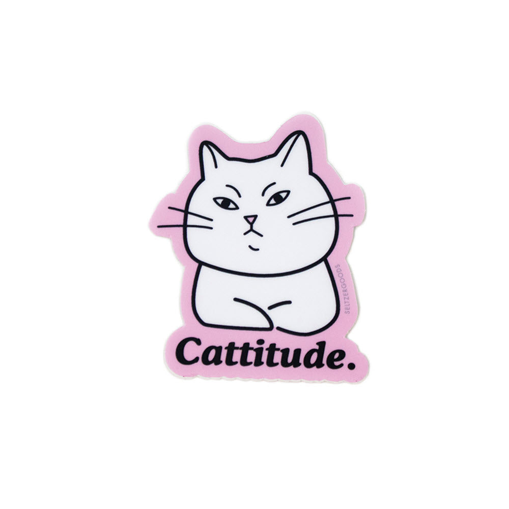 Illustration of a white cat with a grumpy expression, outlined in pink, with the caption "Cattitude" written below. This durable STICKERS NORTHWEST CATTITUDE sticker by Stickers Northwest is perfect to personalize your belongings.