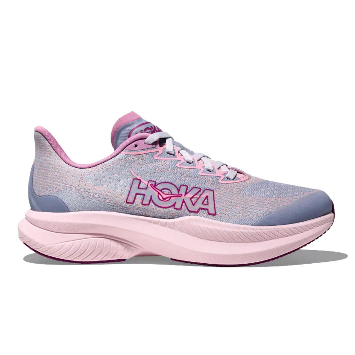 The HOKA MACH 6 YOUTH GRAPE AGATE/LUPINE - KIDS is a pink and purple Hoka running shoe for kids with a recycled woven upper, white laces, cushioned midsole, Durabrasion rubber outsole, and Hoka logo on the side.