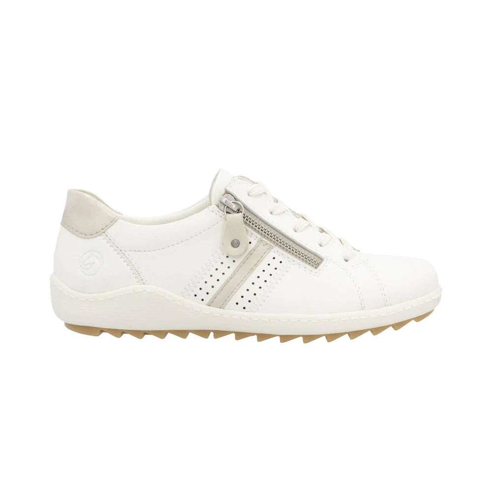 The REMONTE EURO CITY WALKER OFF WHITE by Remonte is a womens white smooth leather sneaker with beige accents, lace-up front, side zipper, perforated details, exchangeable footbed, and a tan ridged sole. Shown in side view.