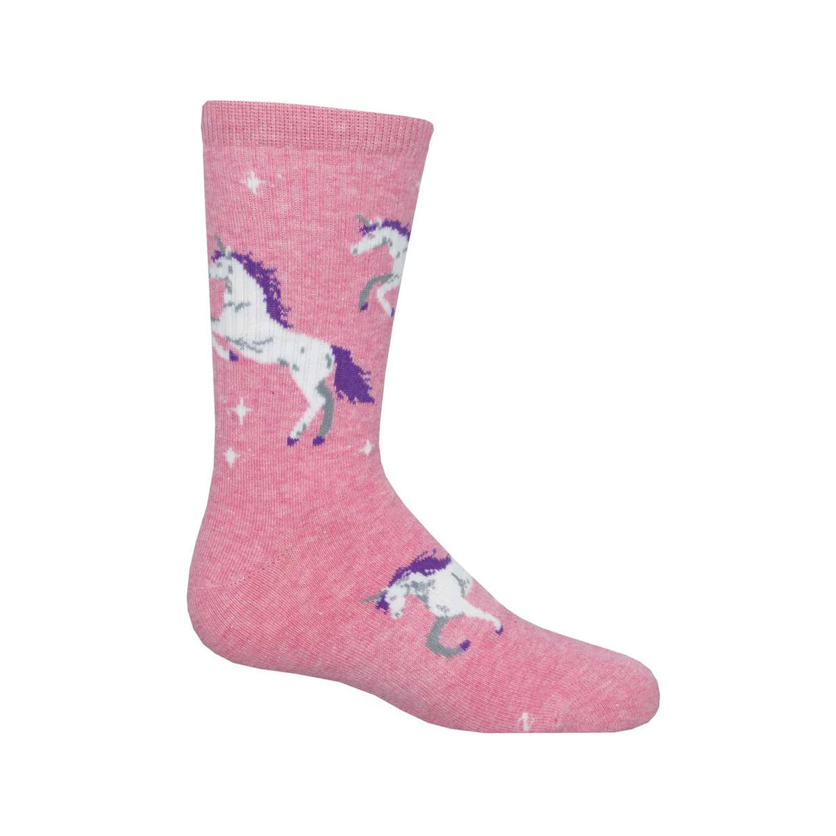 A pink sock decorated with white unicorns featuring purple manes and tails, along with small white stars scattered across the fabric.
