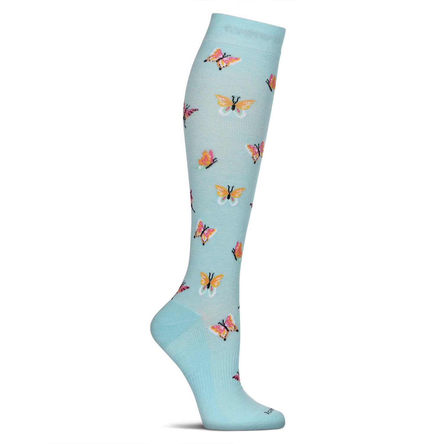 A single light blue knee-high sock decorated with colorful butterfly patterns throughout. The sock is displayed on a mannequin foot against a white background.