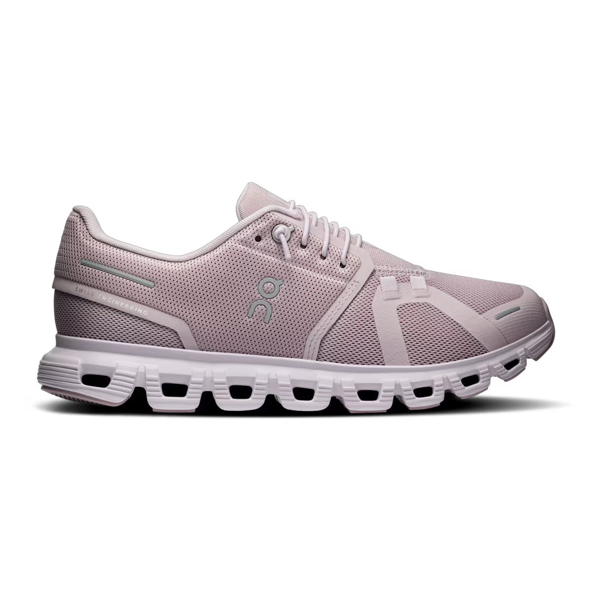 The ON Cloud 6 Mauve/Orchid womens running shoe by On Running features mesh fabric, lace-up closure, and a segmented sole for superior cushioning and comfort, shown in side profile.