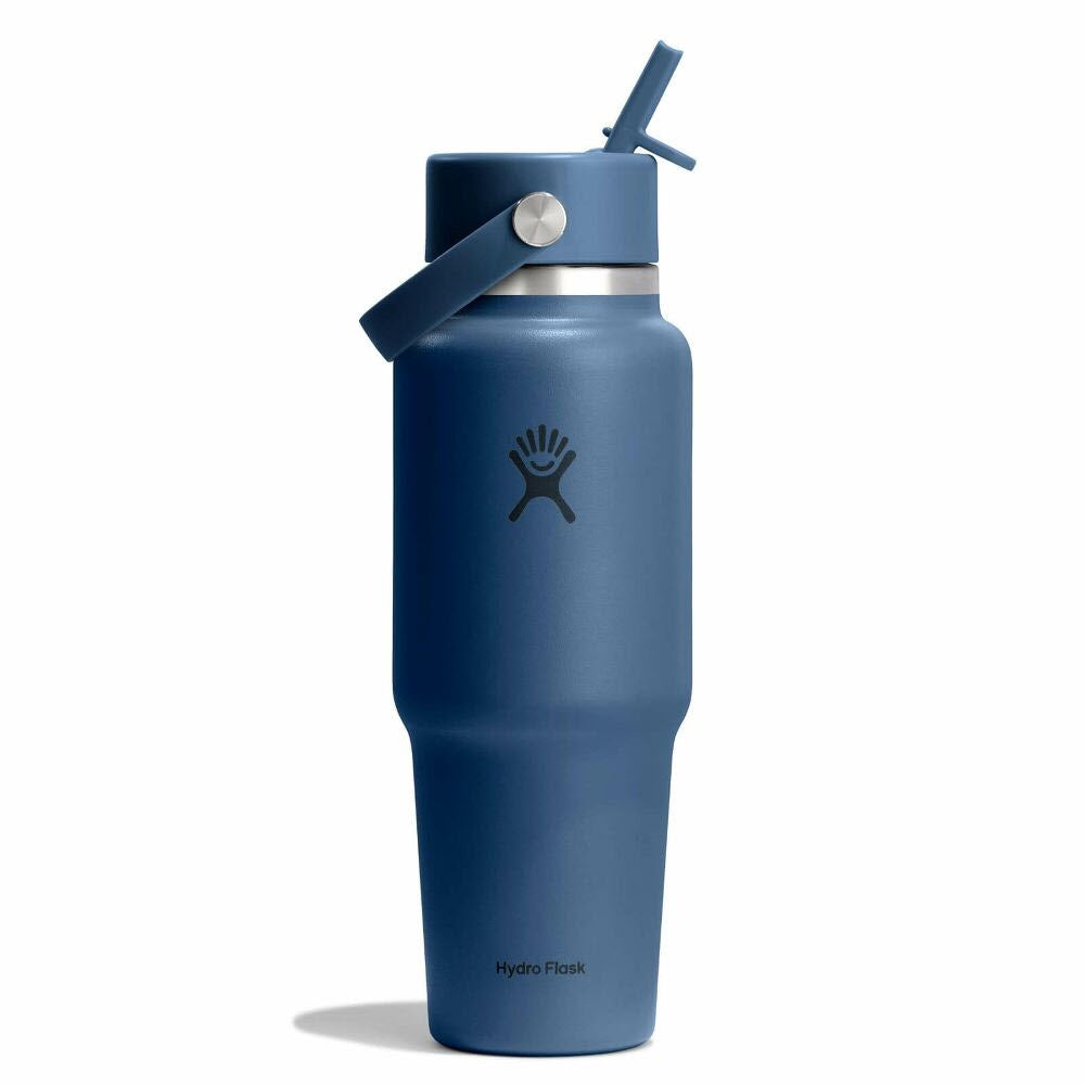 A blue Hydro Flask water bottle with a flip-up straw lid and carrying handle, featuring the Hydro Flask logo on the front.
