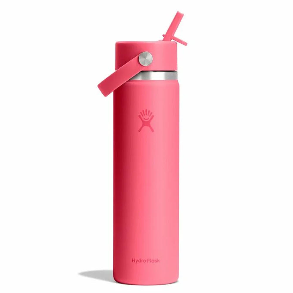 A pink Hydro Flask water bottle with a flip-up straw lid and carrying handle, standing upright on a white background.