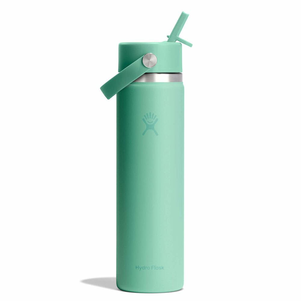 A mint green Hydro Flask water bottle with a flip-up straw lid and carrying handle, standing upright on a white background.