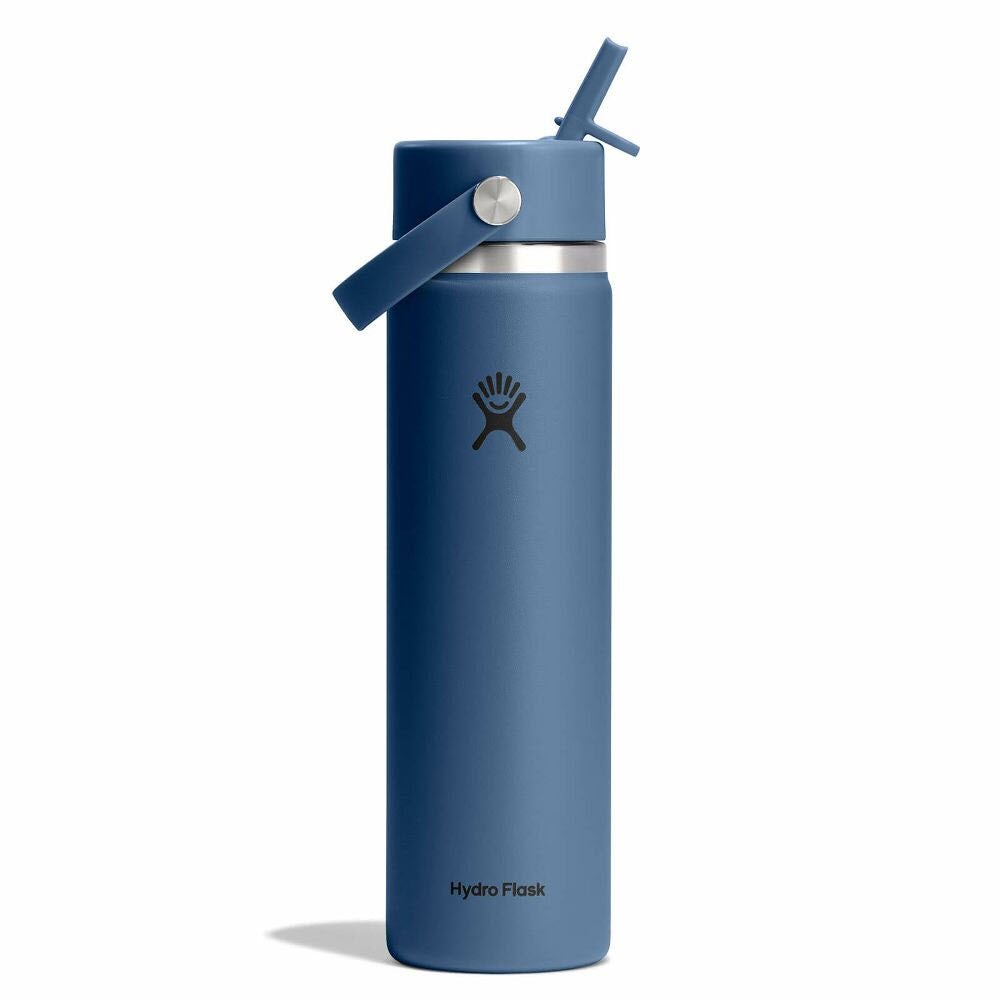 A tall, blue Hydro Flask water bottle with a flip-up straw lid and carrying handle, featuring the Hydro Flask logo on the front.