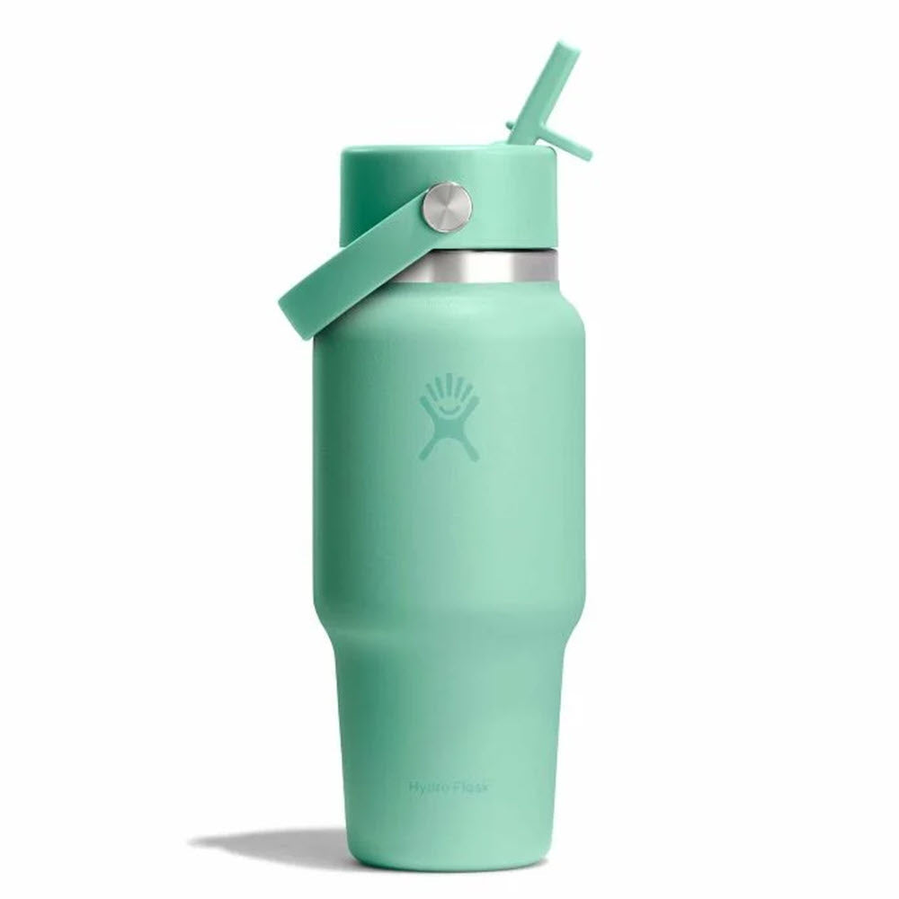 A light teal Hydro Flask water bottle with a flip-up straw lid and a carrying handle, standing upright against a plain white background.