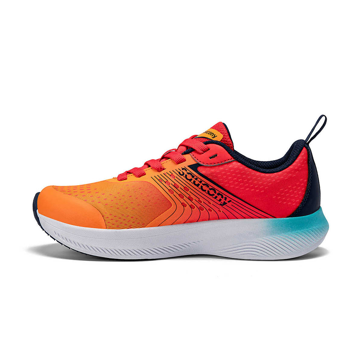 The Saucony Ride Orange - Kids is a bright orange and red athletic shoe with black accents, a white sole, teal heel detail, contoured footbed for comfort, durable toecap, and sleek design featuring the Saucony logo.