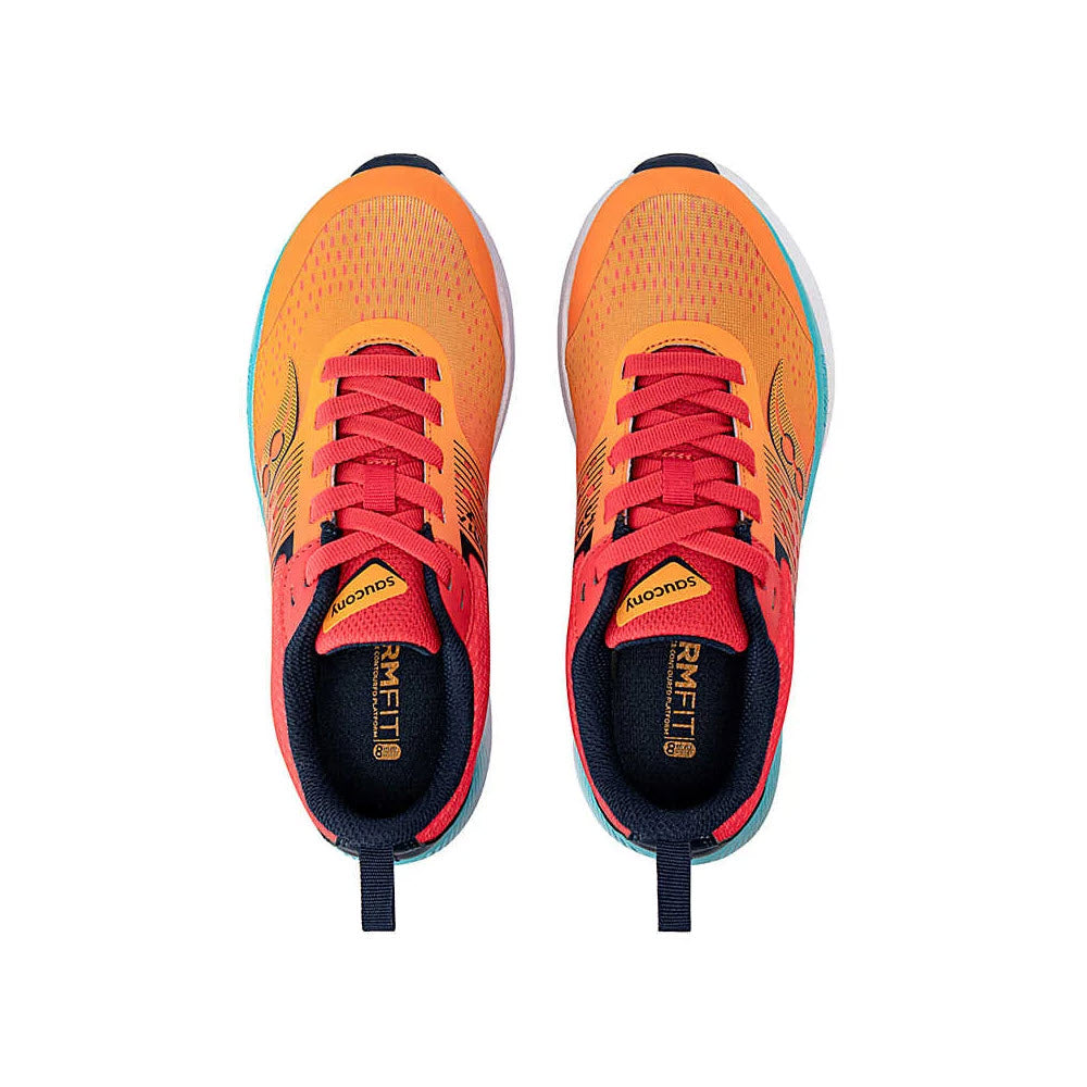 The SAUCONY RIDE ORANGE - KIDS by Saucony features lightweight orange mesh uppers for breathability, red laces, black accents, and white soles with a light blue edge, shown from above on a white background.