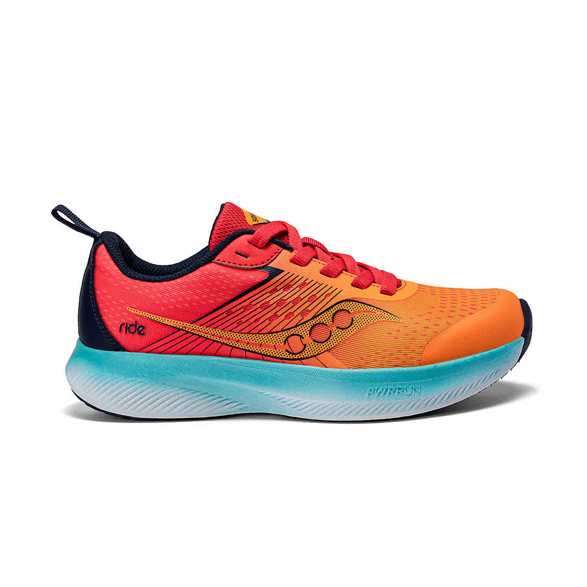 The Saucony Ride Orange - Kids is a lightweight running shoe with an orange toe, red upper, yellow accents, blue gradient sole, durable toecap, lace-up closure, contoured footbed, and wavy Saucony logo on the side.