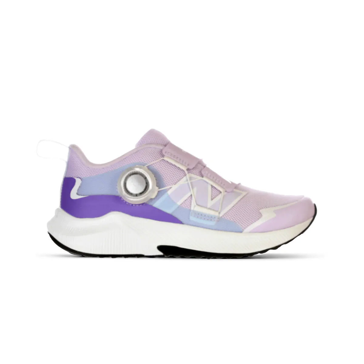 The New Balance Reveal V4 BOA Milk Violet Kids shoe features a mesh upper, round dial closure, plush cushioning, and a black and white sole with DynaSoft midsole, shown in pastel purple with white and blue accents in side view.
