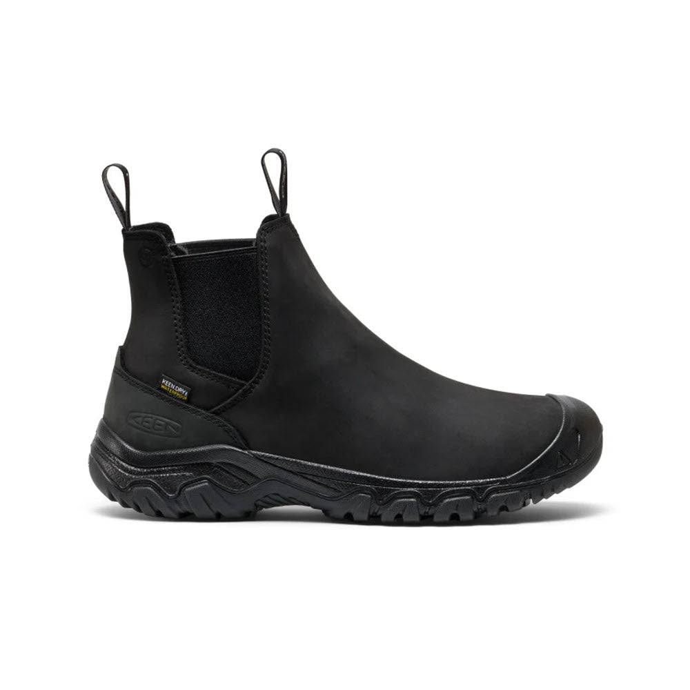 The KEEN ANCHORAGE CHELSEA BOOT WATERPROOF INSULATED in black for men by Keen features a rugged, textured sole, elastic side panels, and pull tabs for easy wear. Durable and reliable, its shown on a white background.